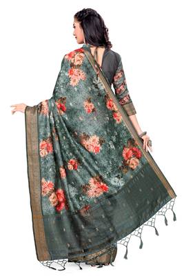 Grey Printed Art Silk Saree With Blouse 2