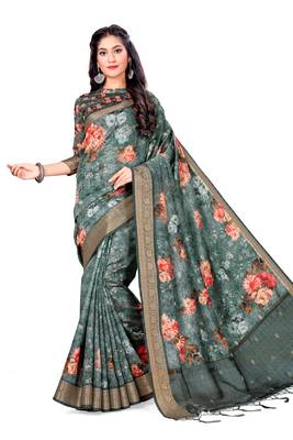 Grey Printed Art Silk Saree With Blouse 3