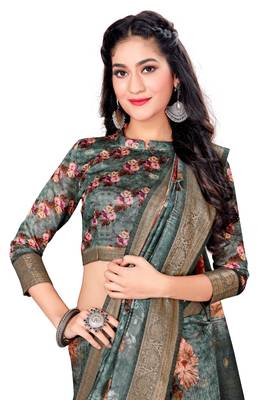 Grey Printed Art Silk Saree With Blouse 4
