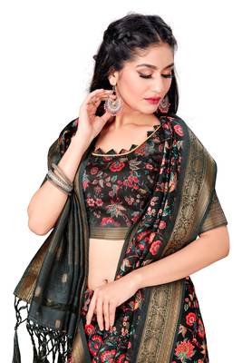 Black Printed Art Silk Saree With Blouse 4