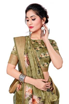 Green Printed Art Silk Saree With Blouse 3