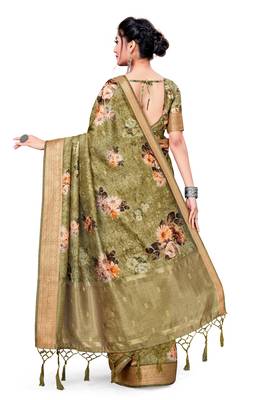 Green Printed Art Silk Saree With Blouse 4