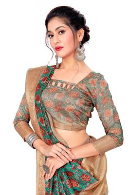 Turquoise Printed Art Silk Saree With Blouse 4