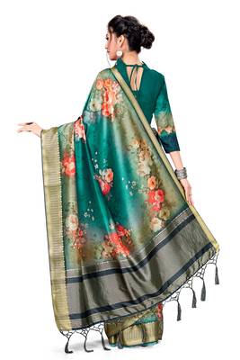 Green Printed Tussar Silk Blend Saree With Blouse 4