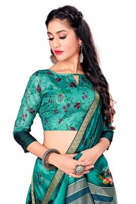 Green printed tussar silk saree with blouse 3