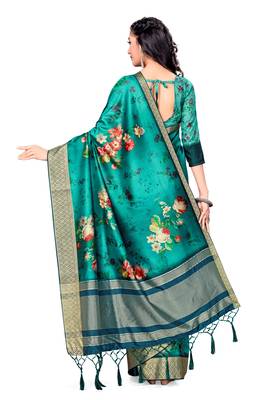 Green printed tussar silk saree with blouse 4