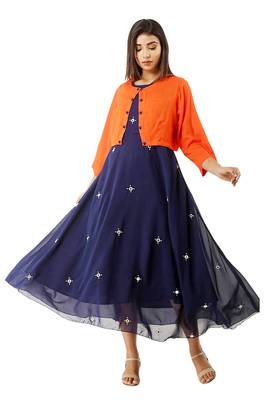 Women Georgette Navy Blue Embroidery Designer Gown And Jacket Orange 1