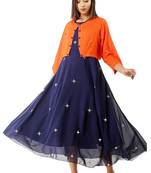 Women Georgette Navy Blue Embroidery Designer Gown And Jacket Orange