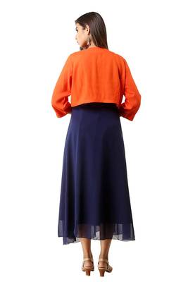 Women Georgette Navy Blue Embroidery Designer Gown And Jacket Orange 2