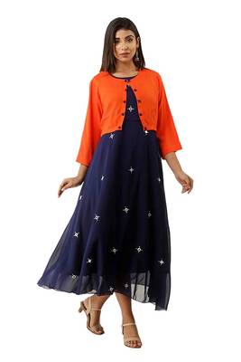 Women Georgette Navy Blue Embroidery Designer Gown And Jacket Orange 3