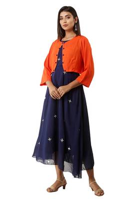 Women Georgette Navy Blue Embroidery Designer Gown And Jacket Orange 4