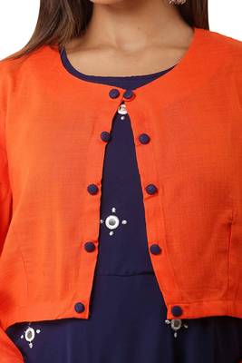 Women Georgette Navy Blue Embroidery Designer Gown And Jacket Orange 5