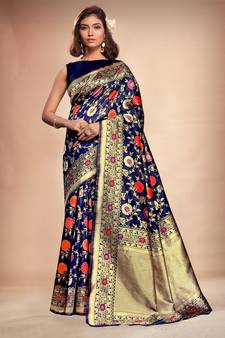 Blue Woven Art Silk Saree With Blouse