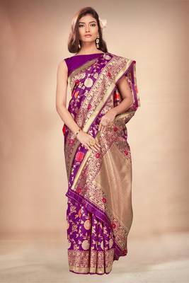 Purple woven art silk saree with blouse 5