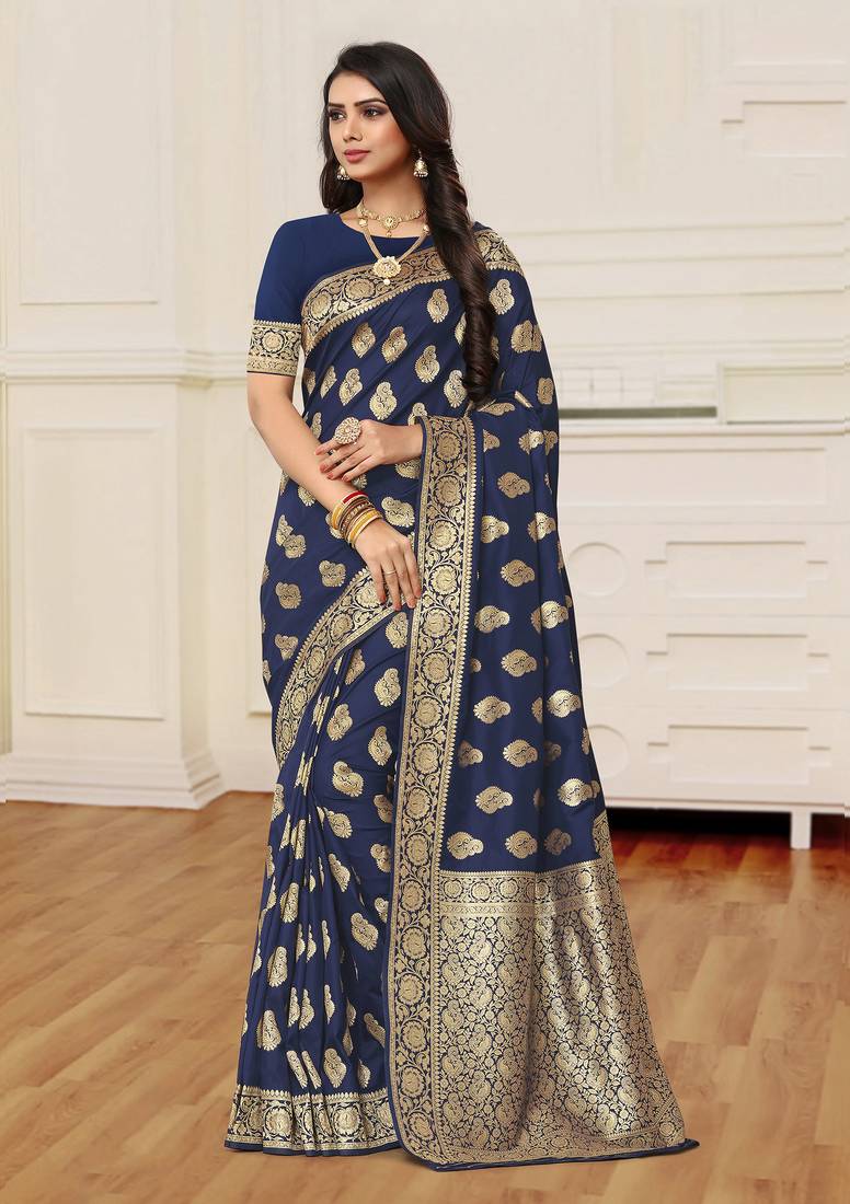 Navy Banarasi Woven Tussar Silk Saree