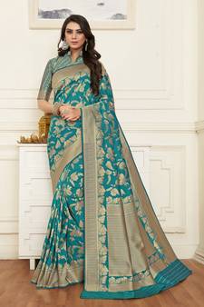Dark sky blue woven silk blend saree with blouse