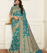 Dark sky blue woven silk blend saree with blouse