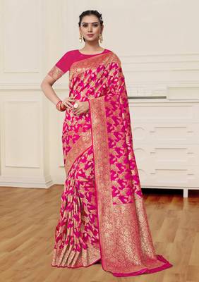 Rani pink woven banarasi silk saree with blouse 1