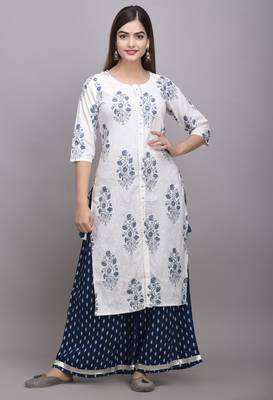 Jaipur Fashion Mode Womens Rayon Printed Straight Kurta Palazzo Set (White & Navy Blue) 1
