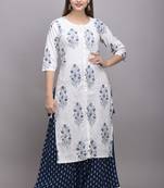 Jaipur Fashion Mode Womens Rayon Printed Straight Kurta Palazzo Set (White & Navy Blue)