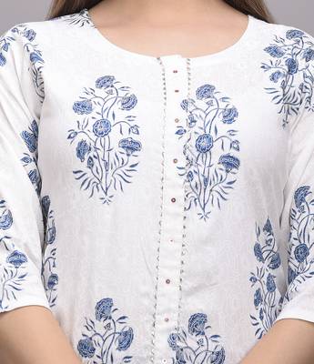 Jaipur Fashion Mode Womens Rayon Printed Straight Kurta Palazzo Set (White & Navy Blue) 2