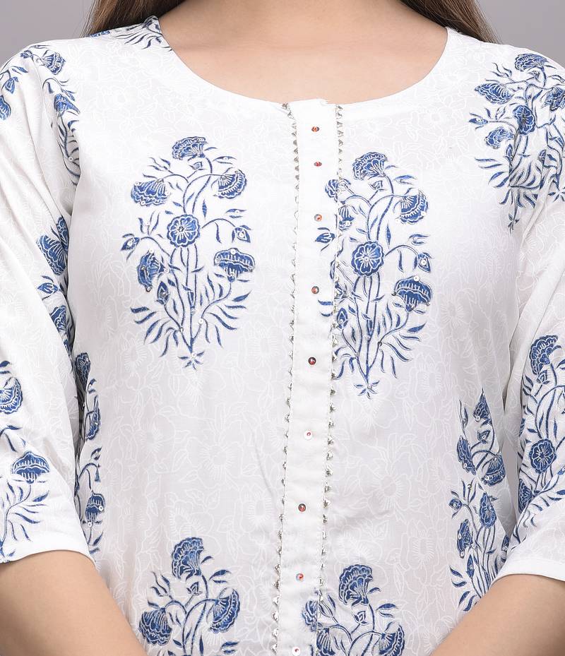 Jaipur Fashion Mode Womens Rayon Printed Straight Kurta Palazzo Set (White & Navy Blue)