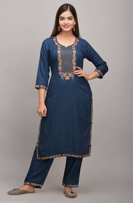 Jaipur Fashion Mode Womens Rayon Embroidered Straight Kurta Palazzo Set (Blue) 1