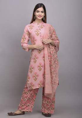 Jaipur Fashion Mode Womens Rayon Printed Straight Kurta Palazzo Duptta Set (Pink) 1