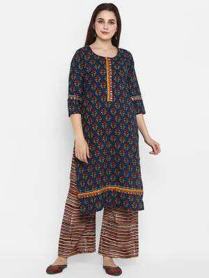Dark-blue printed cotton long-kurtis 1