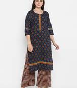 Dark-blue printed cotton long-kurtis