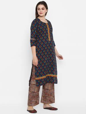 Dark-blue printed cotton long-kurtis 2