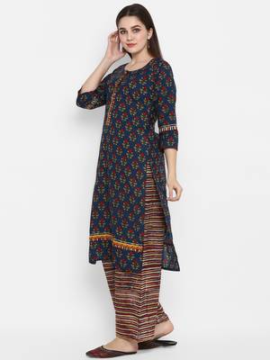 Dark-blue printed cotton long-kurtis 3