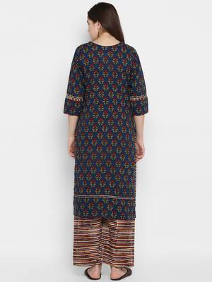 Dark-blue printed cotton long-kurtis 4