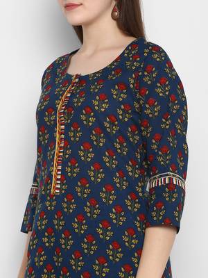 Dark-blue printed cotton long-kurtis 5