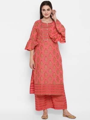 Coral printed cotton long-kurtis 1