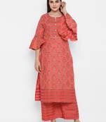 Coral printed cotton long-kurtis