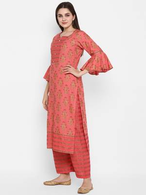 Coral printed cotton long-kurtis 3