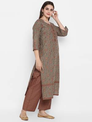 Grey printed cotton long-kurtis 2