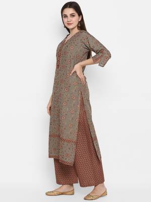 Grey printed cotton long-kurtis 3