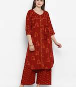 Maroon printed cotton long-kurtis