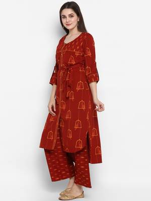 Maroon printed cotton long-kurtis 3