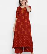 Maroon printed cotton long-kurtis