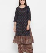 Dark-blue printed cotton long-kurtis