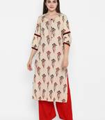 Beige printed cotton long-kurtis