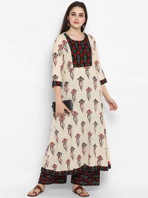 Beige printed cotton long-kurtis 1