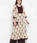 Beige printed cotton long-kurtis