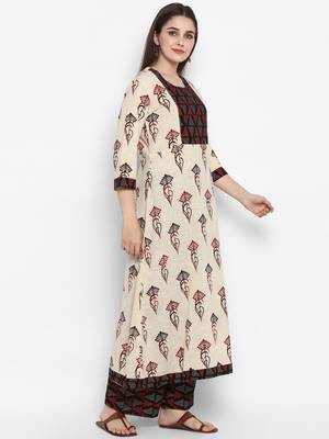 Beige printed cotton long-kurtis 2