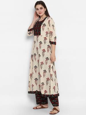 Beige printed cotton long-kurtis 3