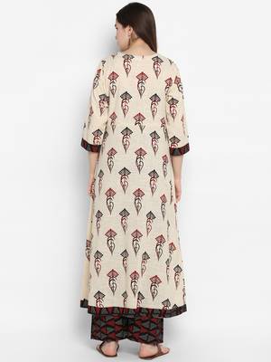 Beige printed cotton long-kurtis 4