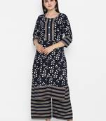 Navy-blue printed cotton long-kurtis